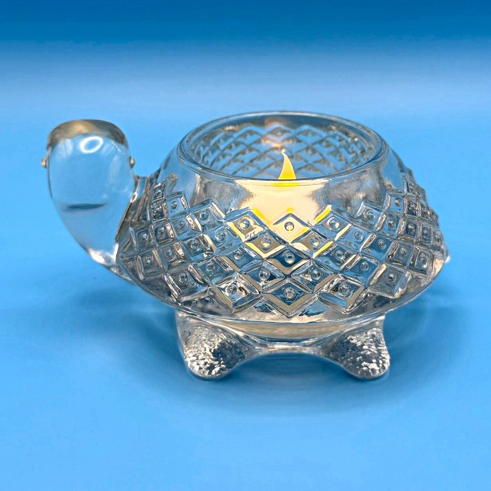 Vintage AVON Clear Glass Turtle Tea Light Candle Holder Diamond Textured Pattern